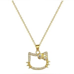 18K Gold Hello Kitty Silhouette Head W/ Bow Pave Diamond Inlay Pendant Necklace